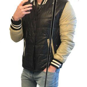 American Eagle Outfitters Men's Varsity Puffer Jacket Black Cream Bomber Coat